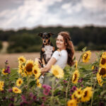 Schöne braunhaarige Frau posiert mit ihrem treuen Tierschutzhund in einem malerischen Sonnenblumenfeld